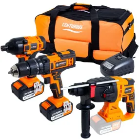 Centurius 18V accu 3-delige Combopack klopboor- en schroefmachine + slagschroevendraaier + boorhamer 2x 3.0Ah in tas