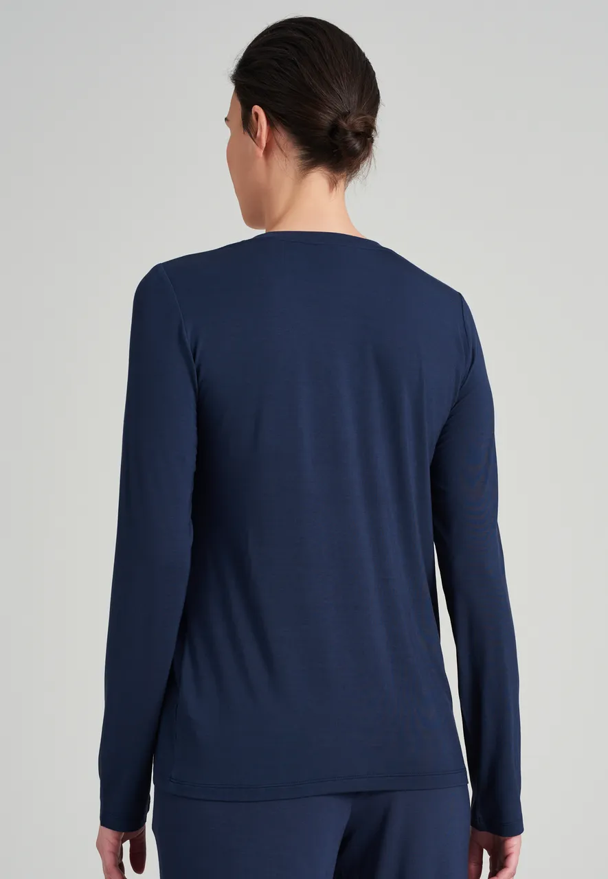 SCHIESSER MIX+RELAX TSHIRT, DAMES SHIRT LANGE MOUWEN MODAL VHALS KNOOPSLUITING BLAUW