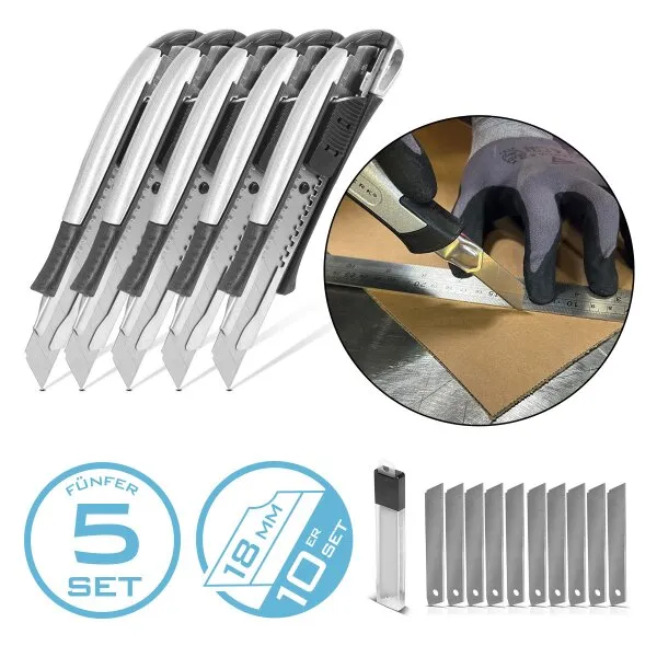 STAHLWERK PREMIUM CUTTERMES PCM181 ST SET VAN 5 MET AFBREEKMESJES 18 MM PROFESSIONELE CUTTER | TAPIJTMES | VEILIGHEIDSMES | PAK
