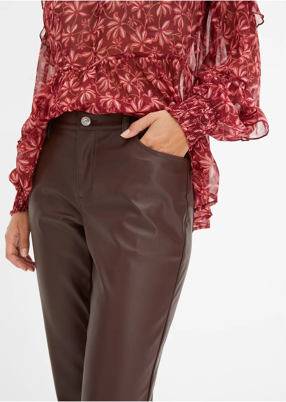 Wijde imitatieleren broek met mid waist   